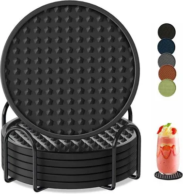Image de Lot de 6 dessous-de-plat en silicone avec rebord, résistants à la chaleur, antidérapants, adaptés à différents types de tasses (noirs)