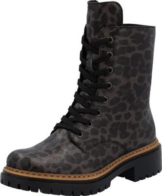 A single gray leopard-print biker boot with black laces and a platform sole, isolated on a white background.