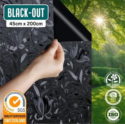 Produktbild von Unyqoos® Verdunkelungsfolie 45x200 cm – Schwarz mit Blumenmuster, statisch & wiederverwendbar, 100% lichtdicht, Sonnenschutz & Sichtschutz