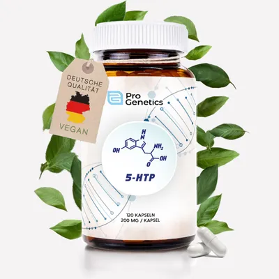 Produktbild von 5 HTP Kapseln hochdosiert 120 Kapseln 200mg 3 Monate Vorrat Serotonin Kapseln Laboranalysiert in Deutschland Pro Genetics