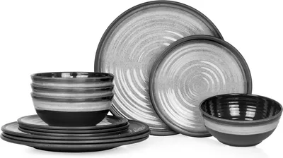 Produktbild von Moritz Camping Tafelgeschirr aus Melamin für 4 Personen 12-teilig | spülmaschinenfest | Picknick Geschirrset | Geschirr Campinggeschirr I Stone Grey Design