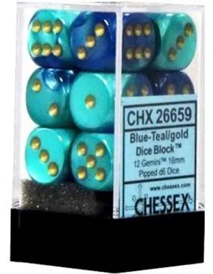 Image de Chessex Gemini 16mm d6 avec points Dés en blocs (12 dés) - Bleu-vert avec or