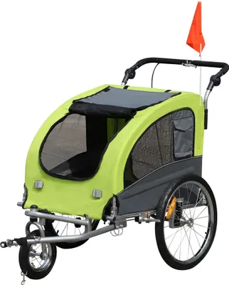 Produktbild von Cyklistický vozík pre psov D00-051, 2v1, jogger, s pláštenkou, výškovo nastaviteľná rukoväť, zelený
