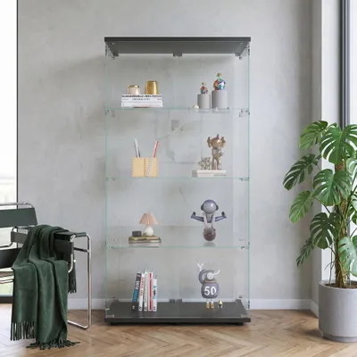Produktbild von INONEFT Glasvitrine mit Doppeltüren, Standvitrine mit 4 Ablagen und LED, Vitrinenschrank für Sammlerstücke, Schwarz, 80.5x36x164CM