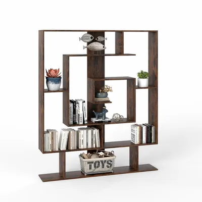 Image de Étagère bibliothèque géométrique à 7 niveaux, étagère d'angle en bois, séparateur de pièce, étagère cubique, avec système anti-basculement, couleur marron, dimensions : 125 x 22 x 150 cm