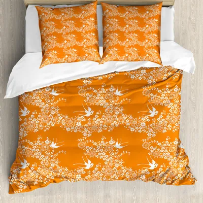 Produktbild von ABAKUHAUS Orange Bettbezug Set, Asiatisches Art-Frühlings-Wiesen-Muster mit Niederlassungen in der vollen Blüte mit Vogel-Natur, 200 x 200 cm + 80 x 80 cm, Orange Weiss