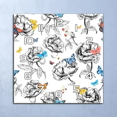 Produktbild von Deko Glasuhr Wanduhr 30x30 Blumen und Schmetterlinge Quarz Küchenuhr Bürouhr