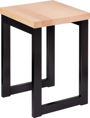 A stool with a wooden top and black metal legs, presented against a white background.