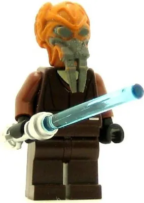 A LEGO minifigure of the Star Wars character Plo Koon holding a blue lightsaber.