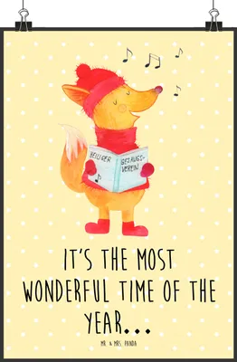 Produktbild von Mr. & Mrs. Panda Bild Fuchs Sänger DIN A2 - Gelb Pastell - Geschenk, Plakat, drucke, typografie poster, Wandbild, Weihnachtslieder, Singen, Weihnachten, wanddeko, Winter