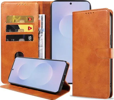 Immagine prodotto di Adatto per Samsung Galaxy S25 Edge Custodia in ecopelle con labbro magnetico e portacarte Custodia a libro con patta - Custodia a portafoglio con slot per carte - Marrone - Smartphonics