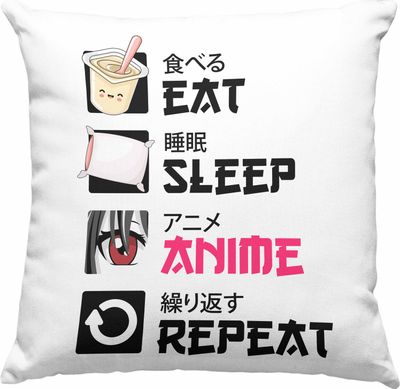 Trendation -  Eat Sleep Anime Deko-Kissen mit Füllung 40x40 Geschenk Spruch  Deko-Kissen mit Füllung 40x40 Geschenke Deko  (Grau)