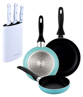 Produktbild von Well Home Set mit 3 Pfannen, Ø 16 x 20 x 24 cm, aus gepresstem Aluminium in mattem Blau und Set mit 3 Messern aus Edelstahl