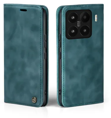 A teal flip case for a smartphone is shown from two angles, open and closed.