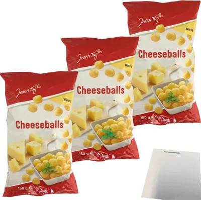 Produktbild von Jeden Tag Cheeseballs Pikant würziger Mais Snack mit Käsegeschmack 3er Pack (3x150g Packung) + usy Block