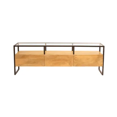 Produktbild von Miliboo - Rechteckiges TV-Möbel mit Ablagefächern aus massivem Mangoholz, Glas und schwarzem Metall B150 cm DIYA
