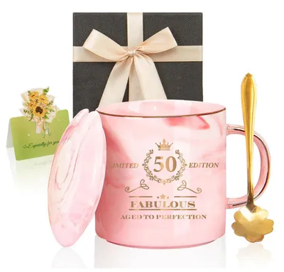 Produktbild von Keramik Tasse 400 ml Marmoroptik Rosa mit Deckel und Löffel Geschenk 50. Geburtstag Frauen