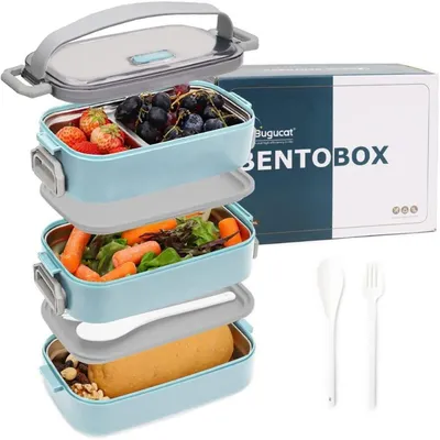 Image de Boîte à lunch en acier inoxydable, 1700 ml, bleue, type bento, avec compartiments et couverts, étanche