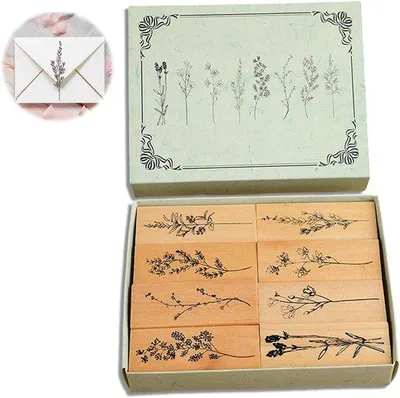 Produktbild von Holzstempel Set - Vintage Blumenmuster - DIY Tagebuch Stempel - 8 Stück