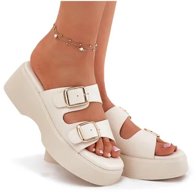 Produktbild von Damenpantoletten auf Keil und Plattform mit Schnallen hellbeige Nitarelia 40