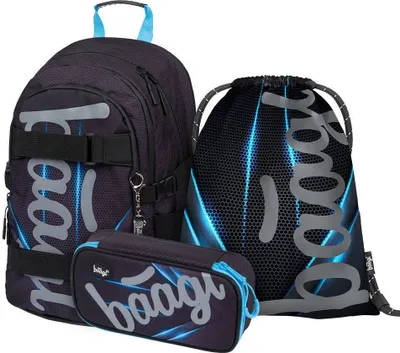 Produktbild von Baagl Schulrucksack Set Jungen 3 Teilig, Schultasche ab 3. Klasse, Grundschule Ranzen für Jungs mit Brustgurt, Ergonomischer Schulranzen (Skate Bluelight)
