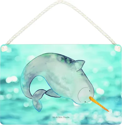 Produktbild von Mr. & Mrs. Panda Schild Narwal DIN A4 - Oceanblue - Geschenk, kleine aufmerksamkeit, Kinderzimmer, Putzen, Dekobrett, holzbild, Hausfrau, Wal, Aufräumen, Meer, Türschild