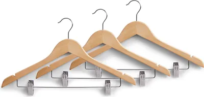 Three wooden hangers with metal clips against a white background.