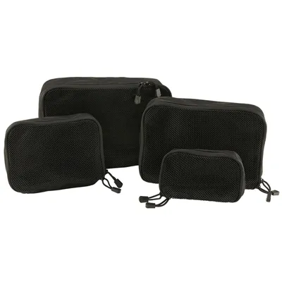Four black mesh packing cubes of varying sizes are arranged on a white background.