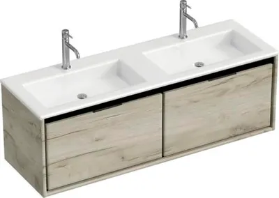 Produktbild von Sanox Badmöbel-Set Loft BxHxT 140,5 x 47 x 45,5 cm Frontfarbe craft oak mit Doppel-Waschtisch Mineralguss weiß Griff chr