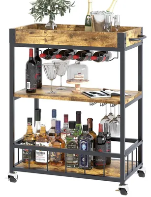 Servierwagen mit Weinregal, 3 Etagen, Rollen, braun
