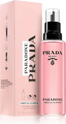 A product shot of a Prada Paradoxe Virtual Flower Eau de Parfum refill bottle and its packaging.