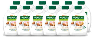 Imagen del producto de 12 unidades de jabón líquido para manos Palmolive Naturals, refill de leche y almendras, 300 ml, pack económico