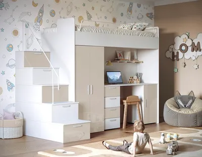 Produktbild von Etagenbett TOMI 4s, Hochglanz Kinderbett Hochbett, OHNE Matraze und Lattenrost (Weiss + Beige, Glanz)
