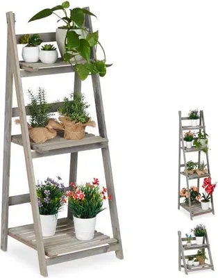 Produktbild von Faltbare Blumentreppe aus Holz Grau mit mehreren Regalen für Innen & Außen