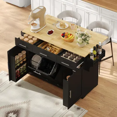 Immagine prodotto di Isola da cucina MODFU, 136x75x92 cm. Carrello da cucina con piano di lavoro pieghevole, 3 cassetti e presa di corrente integrata, carrello di servizio con ruote, colore nero
