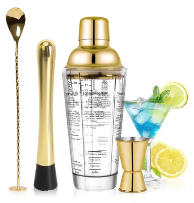 Immagine prodotto di Set di shaker per cocktail da 400 ml, completo di colino e accessori da bar