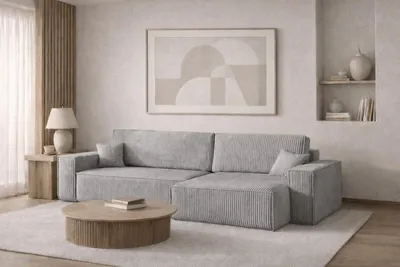 Image de Canapé d'angle avec fonction sommeil et coffre de lit BEST XL, tissu Poso velours côtelé épais, gris, droite