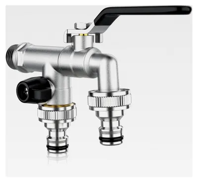 Produktbild von Garten Wasserhahn - Doppel Auslaufhahn - 1/2 Zoll Eingang, 2 x 3/4 Zoll Ausgang inkl. Schlauchanschlüsse - Kugelauslaufhahn – Messing vernickelt - Rost- und Frostsicher