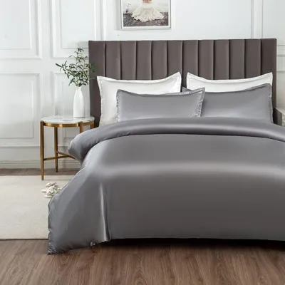 Produktbild von Bettwäsche-Set Satin Grau 200x220 cm 2 Kissenbezüge 80x80 cm Kühlend Reißverschluss