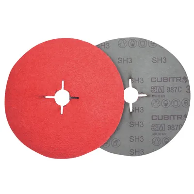 Two abrasive discs, one red and one gray, are shown overlapping on a white background.