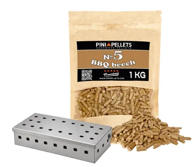 Produktbild von PINI Set Räucherbox Edelstahl Smokerbox und Pellets Nr 5 Buche 1 kg für alle Arten von Grills und Smokern