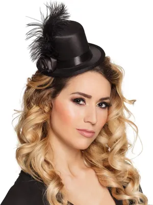 Produktbild von Haarzubehör Juliette schwarzer Mini Zylinder mit Feder und Blume eleganter Partyhut