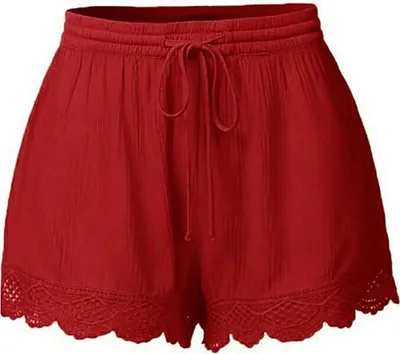 Produktbild von Sommerliche Shorts für Damen mit Spitzenbesatz - Bequeme High-Waist Baumwollshorts mit Kordelzug - Lässige Freizeitshorts für den Strand