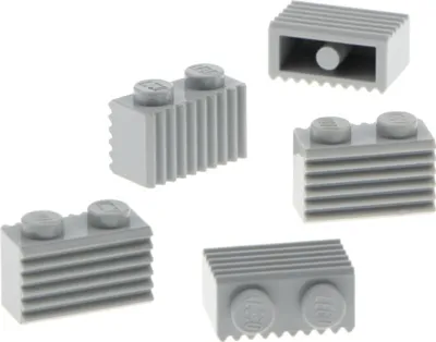 Productafbeelding van 5x Lego bouwsteen, gemodificeerd 1x2, nieuw, lichtgrijs, met ribbels, rasterpatroon, groefprofiel, type 2877