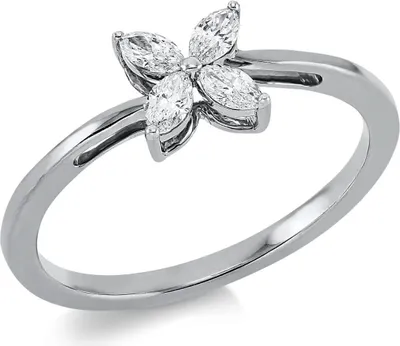 Produktbild von Ring Blume aus 750 Weißgold 4 Diamanten Navette-Schliff 0,28ct TW-SI B:6,1mm Innenumfang 54mm  Ø17.2mm