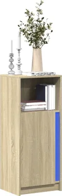 A product shot of a wooden sideboard with a blue accent.
