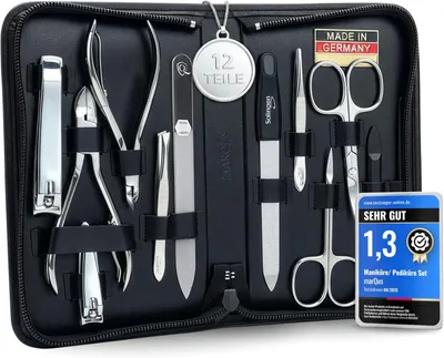 Immagine prodotto di marQus Solingen set per manicure e pedicure - 12 pezzi in astuccio in vera pelle pratico e morbido - kit completo di tutto per la cura delle mani e dei piedi, set per unghie