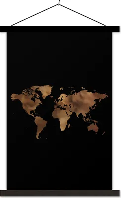 Produktbild von MuchoWow® Textilposter Weltkarte - Gold - Schwarz 40x60 cm mit schwarzem Rahmen - Wanddekorationen