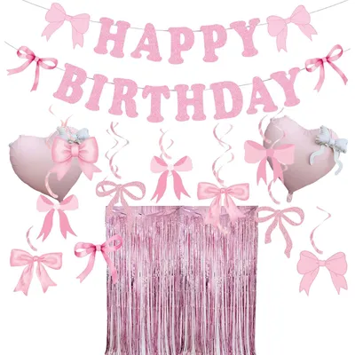 15-tlg. rosa Glitzer Geburtstagsdeko-Set, Glitzervorhang, Banner, Ballons