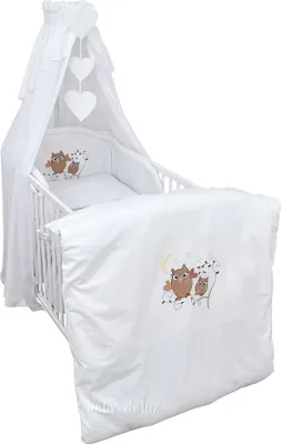 Produktbild von Baby Delux Baby Bettwäsche Bettset 4-tlg Bettausstattung Nestchen Chiffonhimmel Eule Motiv Weiß